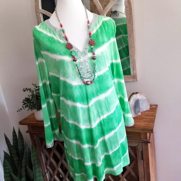INC International Concepts Tops - INC International Concepts Top Tunic Green & White Tie Dye Sequins Size 0X